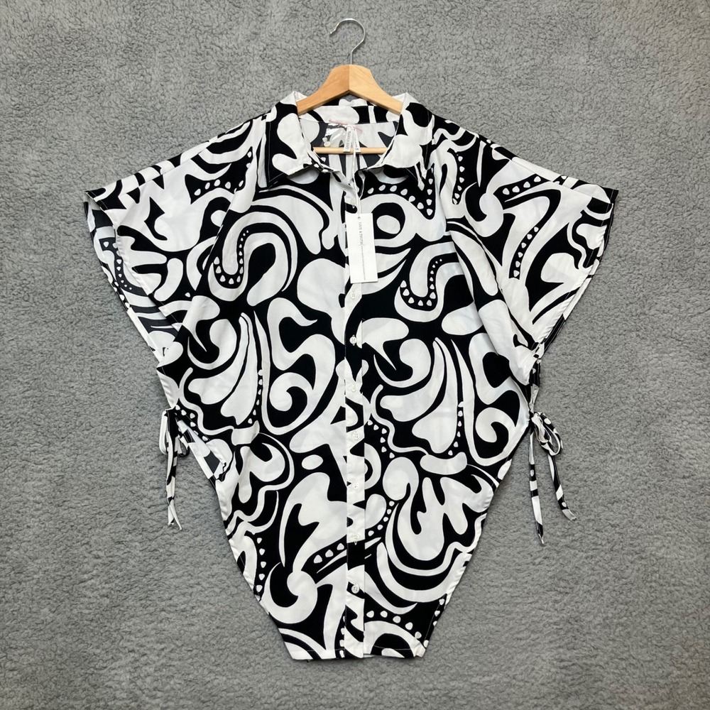 NWT Live4Truth Side Tie Button Down Cape Women 1X Black White Layering Artsy Top